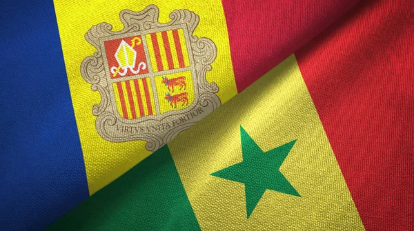Andorra och Senegal två flaggor textil trasa, tyg textur — Stockfoto