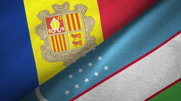 Andorra och Uzbekistan två flaggor textil tyg, tyg konsistens — Stockfoto