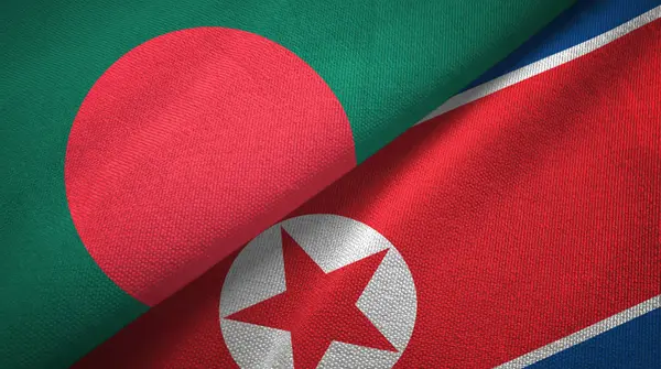 Bangladesh and North Korea two flags textile cloth, fabric texture