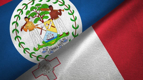 Belize en Malta twee vlaggen textiel doek, weefsel textuur — Stockfoto
