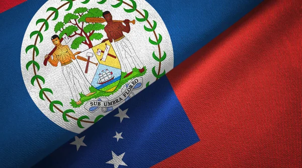 Belize en Samoa twee vlaggen textiel doek, weefsel textuur — Stockfoto
