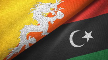 Bhutan ve Libya iki bayrak tekstil kumaş, kumaş doku
