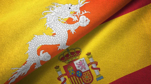 Μπουτάν και την Ισπανία δύο σημαίες υφαντό ύφασμα, υφή υφάσματος — Φωτογραφία Αρχείου