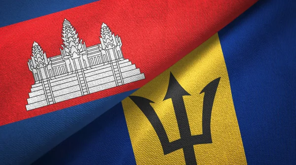 Camboya y Barbados dos banderas tela textil, textura de la tela — Foto de Stock
