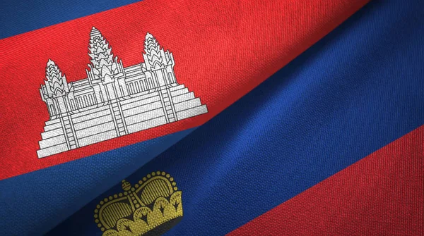 Camboja e Liechtenstein duas bandeiras de pano têxtil, textura de tecido — Fotografia de Stock