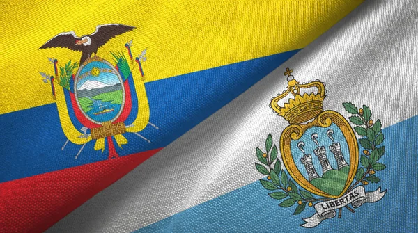 Equador e San Marino duas bandeiras de pano têxtil, textura de tecido — Fotografia de Stock