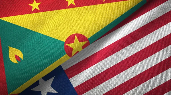 Grenada i Liberia dwie flagi tkanina tekstylna, tekstura tkaniny — Zdjęcie stockowe