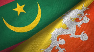 Moritanya ve Bhutan iki bayraklar tekstil kumaş, kumaş doku 