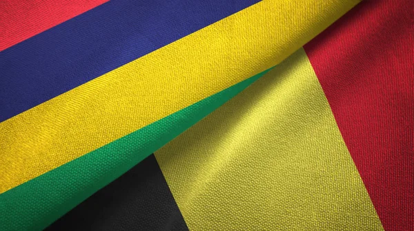 Mauritius en België twee vlaggen textiel doek, stof textuur — Stockfoto