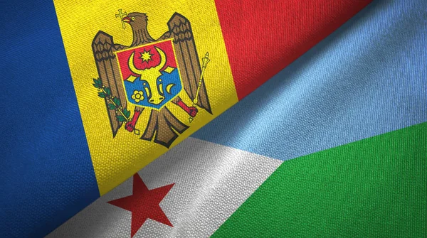 Moldavia y Djibouti dos banderas tela textil, textura de la tela — Foto de Stock