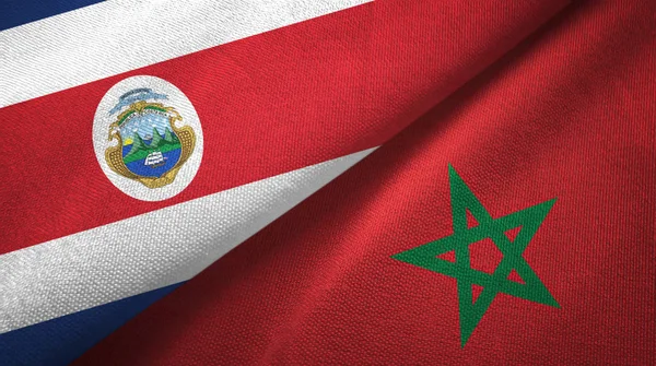 Costa Rica en Marokko twee vlaggen textiel doek, weefsel textuur — Stockfoto
