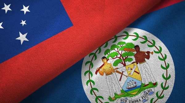 Samoa en Belize twee vlaggen textiel doek, weefsel textuur — Stockfoto