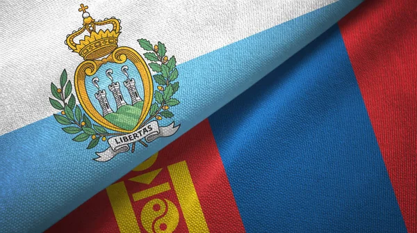 San Marino dan Mongolia dua bendera kain tekstil, tekstur kain — Stok Foto