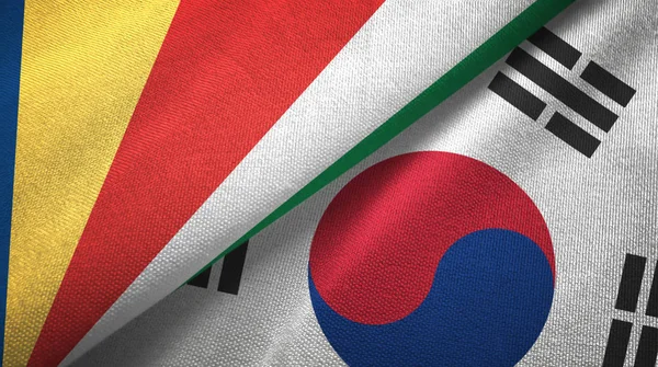 Seychelles e Corea del Sud due bandiere tessuto, tessitura tessuto — Foto Stock
