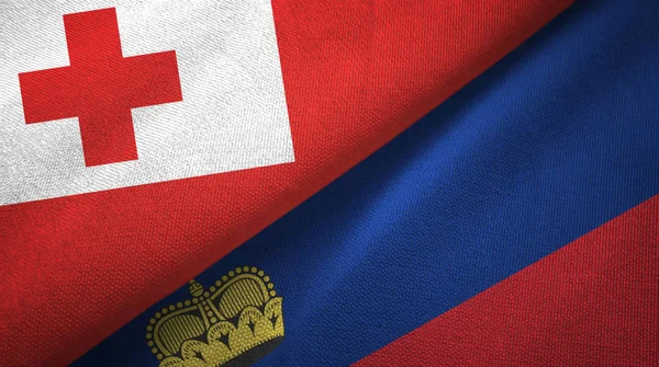 Tonga och Liechtenstein två flaggor textil tyg, tyg konsistens — Stockfoto