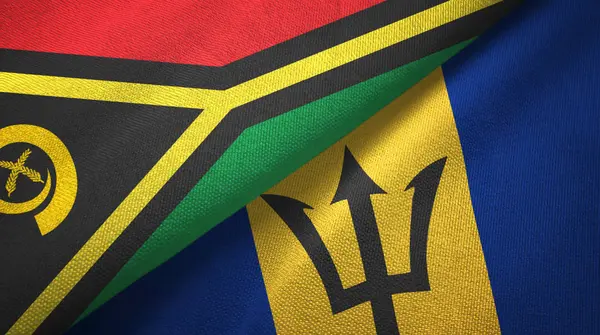 Vanuatu i Barbados dwie flagi tkanina tekstylna, tekstura tkaniny — Zdjęcie stockowe