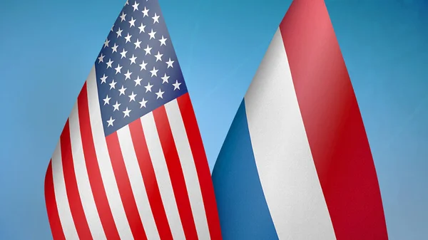 Stati Uniti Paesi Bassi Due Bandiere Insieme Sfondo Blu — Foto Stock