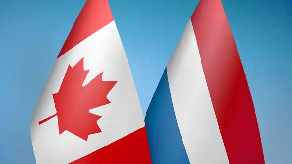 Canada Paesi Bassi Due Bandiere Insieme Sfondo Blu — Foto Stock
