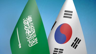 Suudi Arabistan ve Güney Kore 'de iki bayrak birlikte mavi arka plan