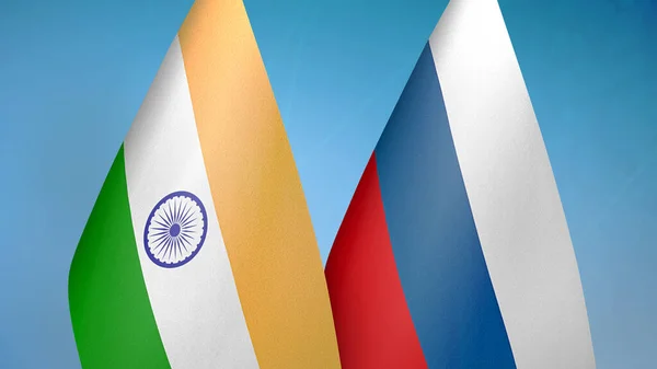 India Rusland Twee Vlaggen Samen Blauwe Achtergrond — Stockfoto