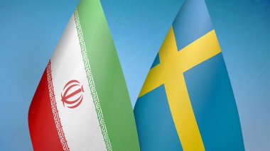İran ve İsveç bayrakları mavi arka planda yan yana