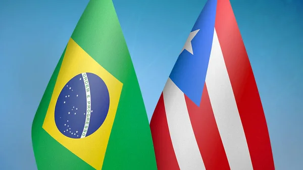Βραζιλία Και Πουέρτο Ρίκο Δύο Σημαίες Μαζί Μπλε Φόντο — Φωτογραφία Αρχείου