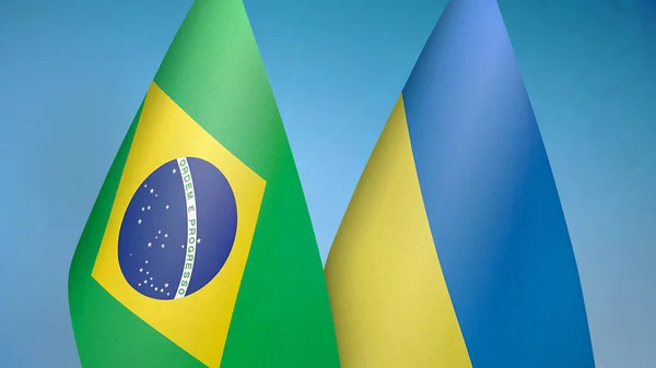 Brazília Ukrajna Két Zászló Együtt Kék Háttér — Stock Fotó