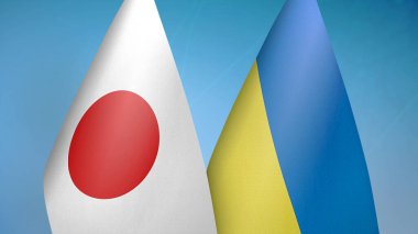 Japonya ve Ukrayna iki bayrak birlikte mavi arkaplan