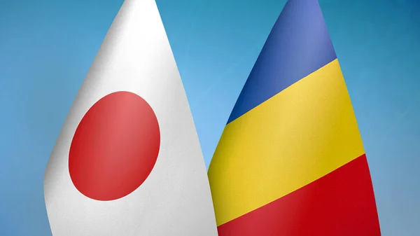 Japan Romania Two Flags Together Blue Background — Stock Photo, Image
