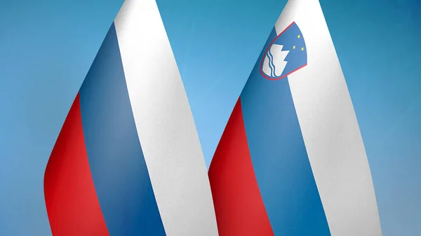 Rosja Słowenia Dwie Flagi Razem Niebieskie Tło — Zdjęcie stockowe