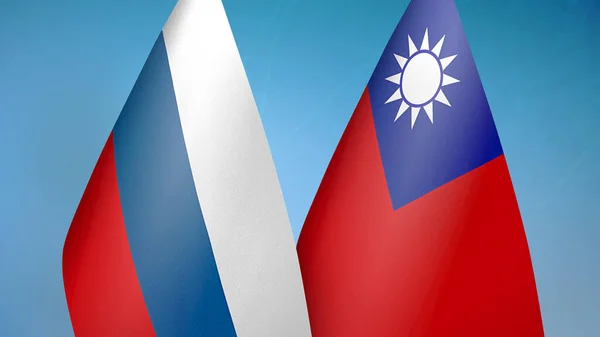 Россия Тайвань Два Флага Вместе Синий Фон — стоковое фото