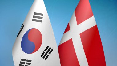Güney Kore ve Danimarka 'da iki bayrak birlikte mavi arka plan