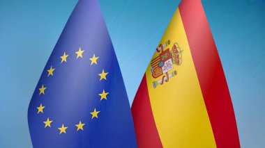 Avrupa Birliği ve İspanya 'da iki bayrak mavi arkaplanda
