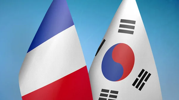 Francia Corea Del Sud Due Bandiere Insieme Sfondo Blu — Foto Stock