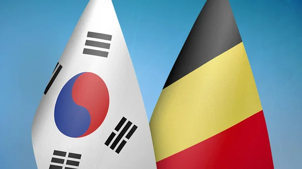 Corea Del Sud Belgio Due Bandiere Insieme Sfondo Blu — Foto Stock