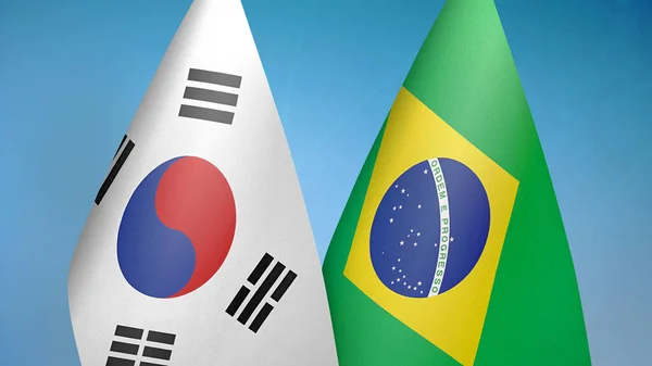 Corea Del Sud Brasile Due Bandiere Insieme Sfondo Blu — Foto Stock