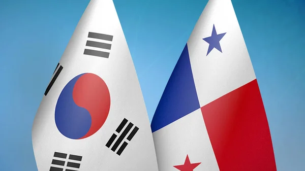 Corea Del Sud Panama Due Bandiere Insieme Sfondo Blu — Foto Stock