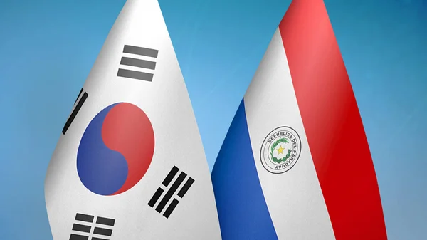 Corea Del Sud Paraguay Due Bandiere Insieme Sfondo Blu — Foto Stock