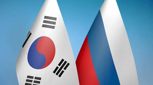 Corea Del Sud Russia Due Bandiere Insieme Sfondo Blu — Foto Stock