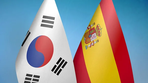 Південна Корея Іспанія Два Прапори Разом Синього Фону — стокове фото