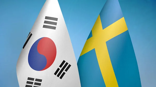 Corea Del Sud Svezia Due Bandiere Insieme Sfondo Blu — Foto Stock
