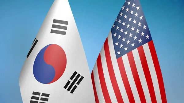 South Korea United States Two Flags Together Blue Background — Stock Photo, Image