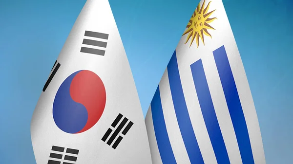 Corea Del Sud Uruguay Due Bandiere Insieme Sfondo Blu — Foto Stock