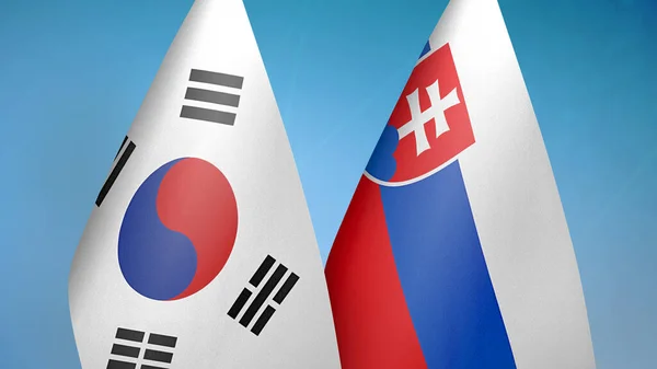 Corea Del Sud Slovacchia Due Bandiere Insieme Sfondo Blu — Foto Stock