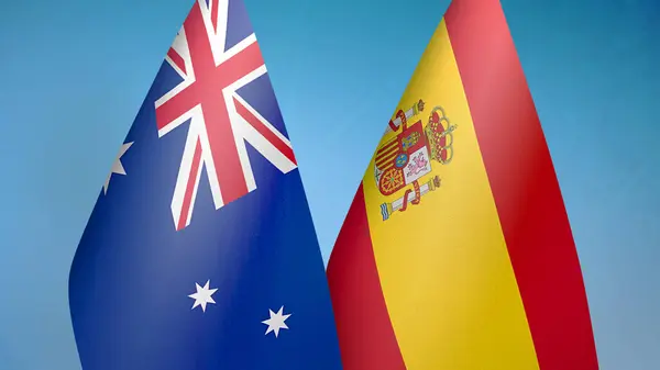 Australia Spain Two Flags Together Blue Background — Stock Photo, Image