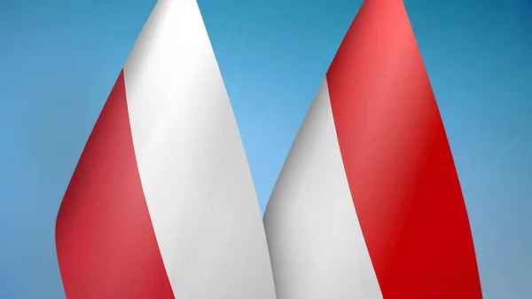 Polen Och Indonesien Två Flaggor Tillsammans Blå Bakgrund — Stockfoto