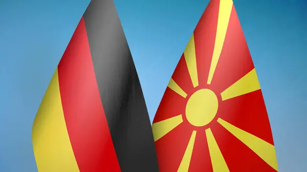 Германия Северная Македония Два Флага Вместе Синий Фон — стоковое фото
