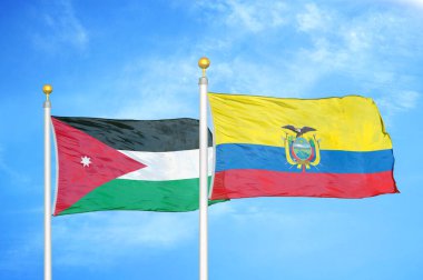 Ürdün ve Ekvador bayrak direkleri üzerinde iki bayrak ve mavi bulutlu arka plan