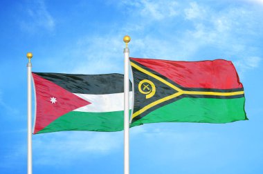 Ürdün ve Vanuatu bayrak direkleri üzerinde iki bayrak ve mavi bulutlu arka plan