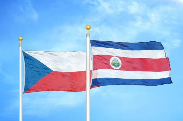 Czech Costa Rica Two Flags Flagpoles Blue Cloudy Sky Background — Stock Photo, Image